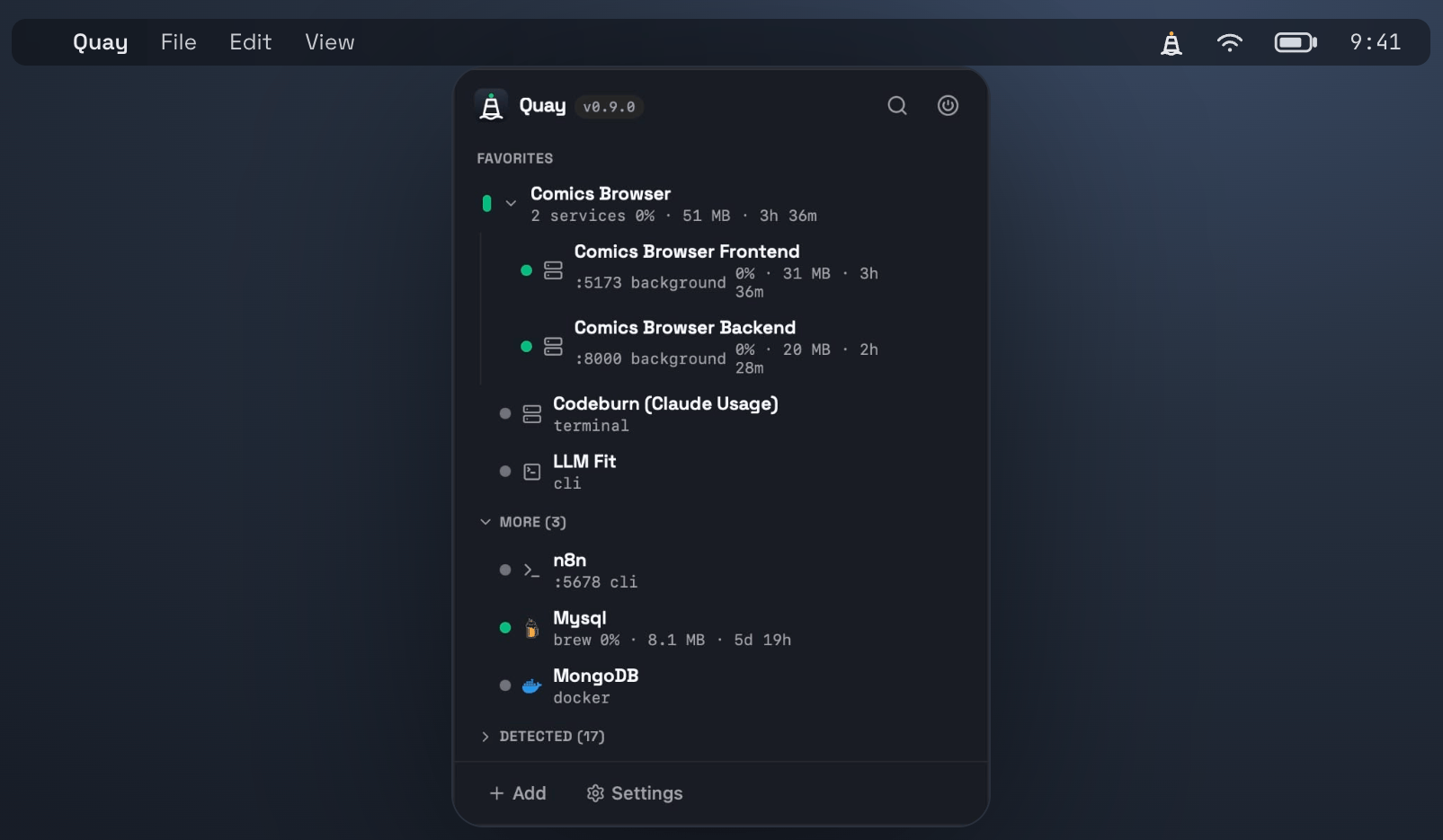 Quay menubar window listing running dev services with live status, CPU and memory metrics.